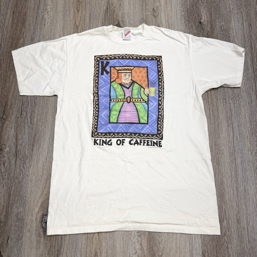 VTG 90s King of Caffeine T shirt Large 100% Cotton Pre Shrunk USA Signed
